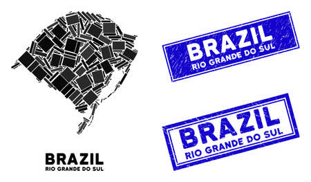 Mosaic Rio Grande do Sul State map and rectangle seals. Flat vector Rio Grande do Sul State map mosaic of randomized rotated rectangle items. Blue caption rubber seals with grunge textures.のイラスト素材