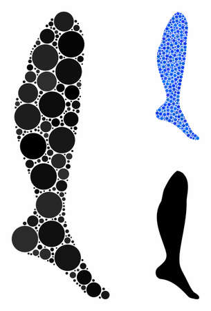 Leg mosaic of circle elements in various sizes and color tints, based on leg icon. Vector circle elements are organized into blue collage. Dotted leg icon in usual and blue versions.のイラスト素材