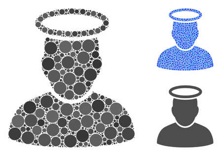 Holy man composition of filled circles in variable sizes and shades, based on holy man icon. Vector filled circles are organized into blue composition. Dotted holy man icon in usual and blue versions.のイラスト素材
