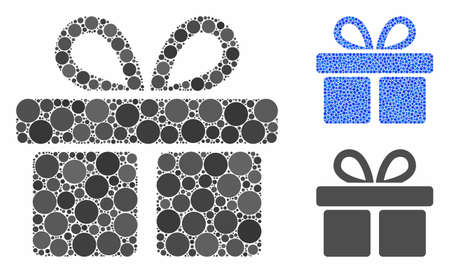 Gift composition of circle elements in different sizes and color tones, based on gift icon. Vector circle elements are organized into blue composition. Dotted gift icon in usual and blue versions.のイラスト素材