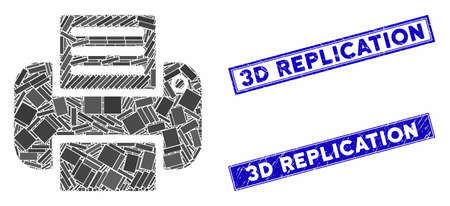 Mosaic printer pictogram and rectangle seal stamps. Flat vector printer mosaic pictogram of scattered rotated rectangular items. Blue caption seal stamps with distress textures.のイラスト素材