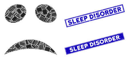 Mosaic sad emote smiley pictogram and rectangular stamps. Flat vector sad emote smiley mosaic pictogram of scattered rotated rectangular items. Blue caption rubber stamps with grunge surface.のイラスト素材