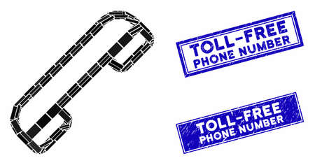 Mosaic telephone icon and rectangle seal stamps. Flat vector telephone mosaic icon of random rotated rectangle items. Blue caption rubber seals with rubber surface.のイラスト素材