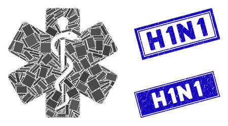 Mosaic life star medical emblem icon and rectangle seal stamps. Flat vector life star medical emblem mosaic icon of randomized rotated rectangle items. Blue caption seal stamps with grunge textures.のイラスト素材