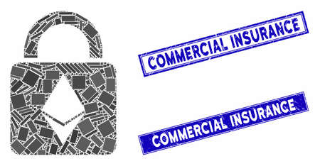 Mosaic Ethereum lock pictogram and rectangular seal stamps. Flat vector Ethereum lock mosaic pictogram of scattered rotated rectangular items. Blue caption stamps with scratched texture.のイラスト素材