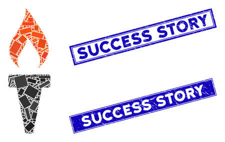 Mosaic fire torch icon and rectangular stamps. Flat vector fire torch mosaic pictogram of randomized rotated rectangular elements. Blue caption seal stamps with grunge texture.のイラスト素材