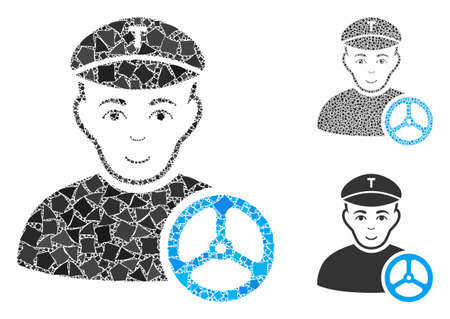 Taxi driver mosaic of ragged pieces in various sizes and color hues, based on taxi driver icon. Vector bumpy pieces are organized into collage. Taxi driver icons collage with dotted pattern.のイラスト素材