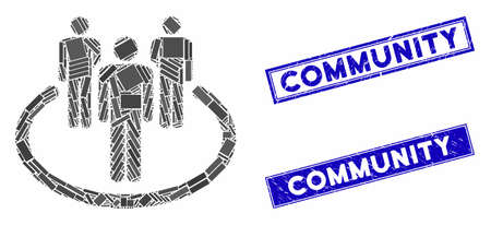 Mosaic community icon and rectangle seal stamps. Flat vector community mosaic pictogram of randomized rotated rectangle elements. Blue caption seal stamps with corroded surface.のイラスト素材