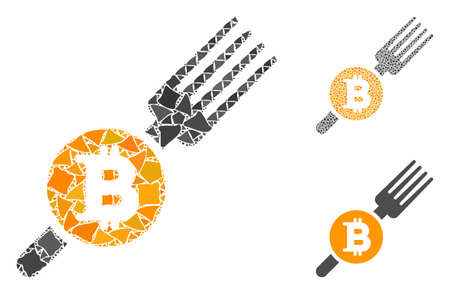Bitcoin fork mosaic of abrupt elements in variable sizes and color tints, based on Bitcoin fork icon. Vector unequal elements are united into collage. Bitcoin fork icons collage with dotted pattern.のイラスト素材