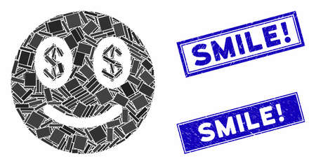 Mosaic businessman smile icon and rectangular rubber prints. Flat vector businessman smile mosaic pictogram of scattered rotated rectangular items. Blue caption rubber seals with corroded surface.のイラスト素材