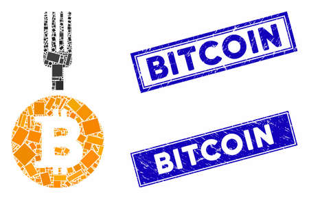 Mosaic Bitcoin fork icon and rectangle stamps. Flat vector Bitcoin fork mosaic icon of scattered rotated rectangle items. Blue caption seal stamps with scratched textures.のイラスト素材