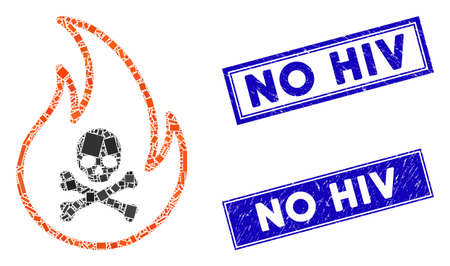 Mosaic toxic fire icon and rectangular watermarks. Flat vector toxic fire mosaic icon of random rotated rectangular elements. Blue caption stamps with scratched texture.のイラスト素材