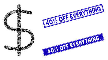 Mosaic dollar icon and rectangular rubber prints. Flat vector dollar mosaic icon of randomized rotated rectangular items. Blue caption rubber stamps with rubber texture.のイラスト素材