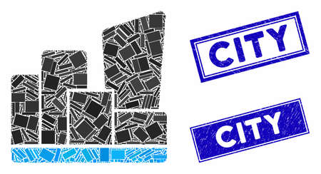 Mosaic city pictogram and rectangle stamps. Flat vector city mosaic pictogram of scattered rotated rectangle items. Blue caption rubber stamps with grunged texture.のイラスト素材