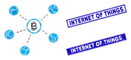 Mosaic Bitcoin network icon and rectangular stamps. Flat vector Bitcoin network mosaic icon of randomized rotated rectangle elements. Blue caption seal stamps with scratched textures.のイラスト素材