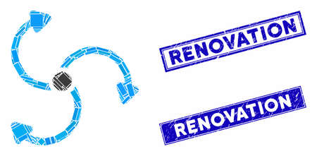 Mosaic fan rotation icon and rectangular watermarks. Flat vector fan rotation mosaic icon of random rotated rectangular elements. Blue caption watermarks with corroded surface.のイラスト素材