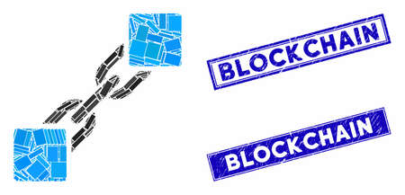 Mosaic blockchain icon and rectangular watermarks. Flat vector blockchain mosaic icon of randomized rotated rectangular items. Blue caption rubber seals with rubber texture.のイラスト素材