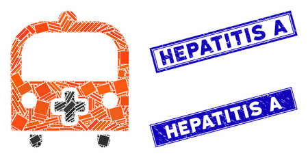 Mosaic medical bus icon and rectangle stamps. Flat vector medical bus mosaic icon of random rotated rectangle items. Blue caption rubber seals with dirty surface.のイラスト素材