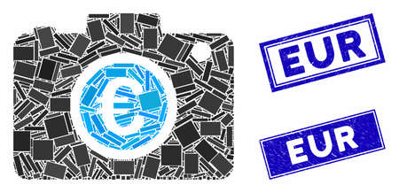 Mosaic Euro photo icon and rectangle seals. Flat vector Euro photo mosaic icon of randomized rotated rectangle items. Blue caption seals with rubber textures.のイラスト素材