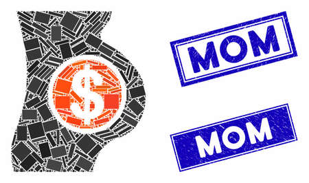 Mosaic surrogacy icon and rectangle rubber prints. Flat vector surrogacy mosaic icon of random rotated rectangle items. Blue caption rubber seals with distress texture.のイラスト素材