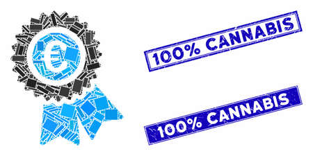Mosaic Euro warranty pictogram and rectangular seals. Flat vector Euro warranty mosaic pictogram of random rotated rectangular elements. Blue caption rubber seals with grunge texture.のイラスト素材
