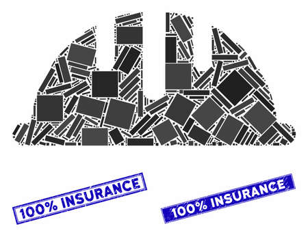 Mosaic helmet pictogram and rectangle seal stamps. Flat vector helmet mosaic pictogram of random rotated rectangle items. Blue caption seals with distress surface.のイラスト素材