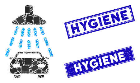 Mosaic car shower pictogram and rectangle rubber prints. Flat vector car shower mosaic pictogram of randomized rotated rectangular elements. Blue caption rubber stamps with rubber textures.のイラスト素材