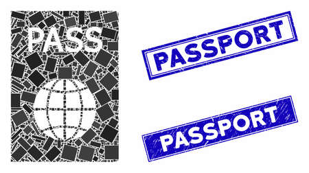 Mosaic passport icon and rectangular seal stamps. Flat vector passport mosaic icon of randomized rotated rectangle elements. Blue caption seal stamps with scratched texture.のイラスト素材