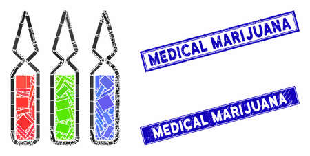 Mosaic ampoules icon and rectangular seals. Flat vector ampoules mosaic icon of scattered rotated rectangular elements. Blue caption seals with corroded surface.のイラスト素材