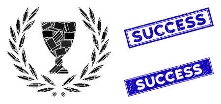 Mosaic glory wreath icon and rectangular seals. Flat vector glory wreath mosaic icon of scattered rotated rectangular items. Blue caption seals with grunged texture.のイラスト素材
