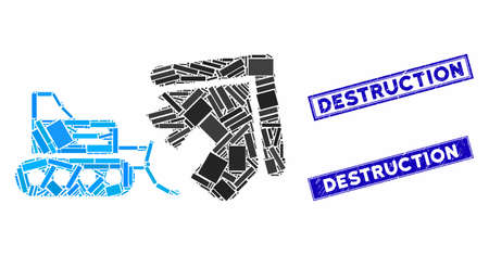 Mosaic house demolition icon and rectangular seal stamps. Flat vector house demolition mosaic icon of scattered rotated rectangular items. Blue caption seal stamps with grunge surface.のイラスト素材