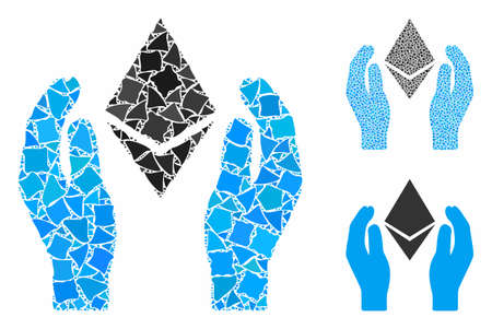 Ethereum care hands mosaic of raggy elements in different sizes and color tinges, based on Ethereum care hands icon. Vector raggy elements are composed into mosaic.のイラスト素材