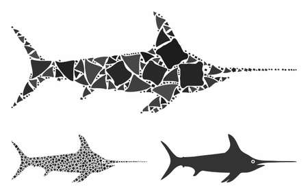 Sword fish composition of uneven pieces in different sizes and color hues, based on sword fish icon. Vector rugged pieces are composed into composition. Sword fish icons collage with dotted pattern.のイラスト素材