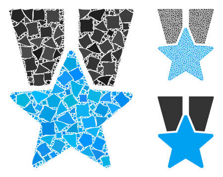 Star medal composition of abrupt pieces in variable sizes and color hues, based on star medal icon. Vector uneven pieces are united into collage. Star medal icons collage with dotted pattern.のイラスト素材