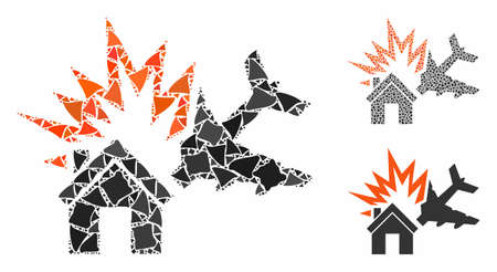 Aircraft house collision composition of ragged parts in variable sizes and color hues, based on aircraft house collision icon. Vector ragged parts are organized into collage.のイラスト素材