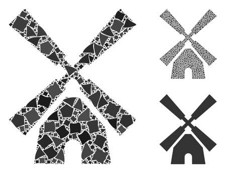 Wind mill mosaic of irregular pieces in different sizes and color tints, based on wind mill icon. Vector raggy pieces are organized into composition. Wind mill icons collage with dotted pattern.のイラスト素材