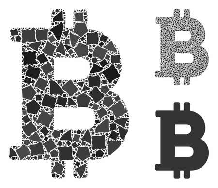 Bitcoin mosaic of tremulant parts in various sizes and color tints, based on Bitcoin icon. Vector tremulant parts are combined into illustration. Bitcoin icons collage with dotted pattern.のイラスト素材
