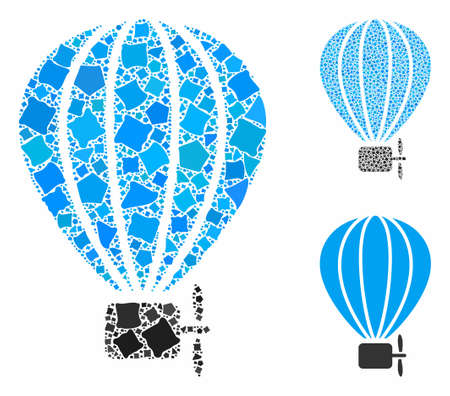 Air balloon mosaic of abrupt elements in various sizes and color tones, based on air balloon icon. Vector joggly elements are organized into mosaic. Air balloon icons collage with dotted pattern.のイラスト素材