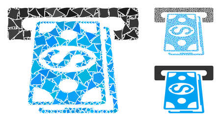 Cash withdraw composition of irregular parts in different sizes and shades, based on cash withdraw icon. Vector uneven parts are composed into collage. Cash withdraw icons collage with dotted pattern.のイラスト素材