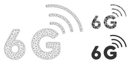 Mesh 6G model with triangle mosaic icon. Wire frame polygonal mesh of 6G. Vector mosaic of triangle elements in various sizes, and color tinges. Abstract 2d mesh 6G, designed with triangular grid.のイラスト素材