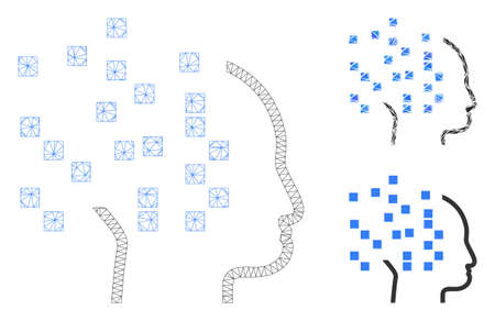 Mesh digital thinking model with triangle mosaic icon. Wire carcass triangular network of digital thinking. Vector collage of triangle parts in different sizes, and color shades.のイラスト素材