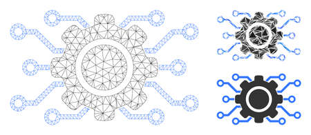 Mesh electronic gearwheel model with triangle mosaic icon. Wire frame polygonal mesh of electronic gearwheel. Vector mosaic of triangle parts in variable sizes, and color tones.のイラスト素材