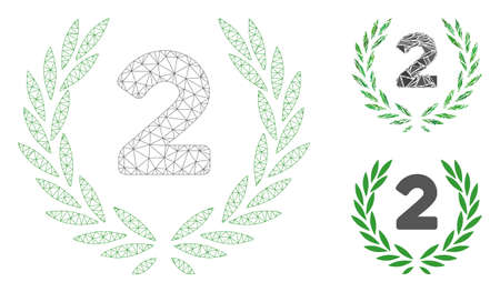 Mesh second laurel wreath model with triangle mosaic icon. Wire carcass triangular mesh of second laurel wreath. Vector mosaic of triangle parts in different sizes, and color tints.のイラスト素材