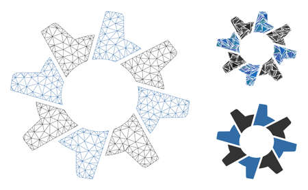 Mesh tooth gear model with triangle mosaic icon. Wire carcass triangular mesh of tooth gear. Vector mosaic of triangle elements in different sizes, and color tinges. Abstract flat mesh tooth gear,のイラスト素材