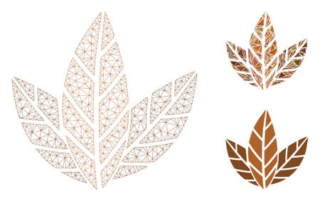 Mesh tobacco leaves model with triangle mosaic icon. Wire carcass triangular mesh of tobacco leaves. Vector mosaic of triangle parts in various sizes, and color tints.のイラスト素材