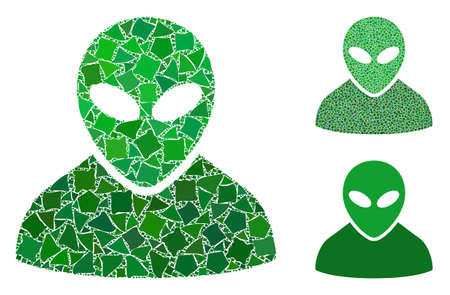 Alien mosaic of raggy pieces in variable sizes and color tinges, based on alien icon. Vector abrupt pieces are organized into collage. Alien icons collage with dotted pattern.のイラスト素材