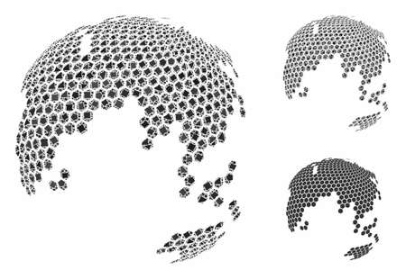 Abstract dotted earth globe composition of irregular items in various sizes and color tones, based on abstract dotted earth globe icon. Vector irregular elements are composed into collage.のイラスト素材