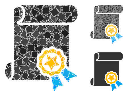 Certificate composition of trembly parts in variable sizes and shades, based on certificate icon. Vector rough parts are composed into composition. Certificate icons collage with dotted pattern.のイラスト素材