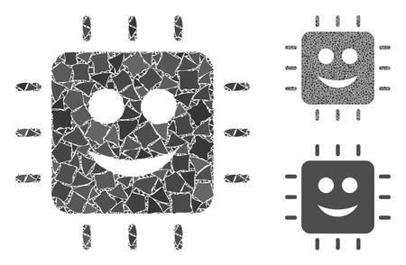 Happy CPU mosaic of unequal elements in different sizes and color tones, based on happy CPU icon. Vector rough elements are composed into collage. Happy CPU icons collage with dotted pattern.のイラスト素材