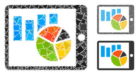 Mobile report mosaic of raggy pieces in various sizes and color tints, based on mobile report icon. Vector ragged parts are grouped into collage. Mobile report icons collage with dotted pattern.のイラスト素材